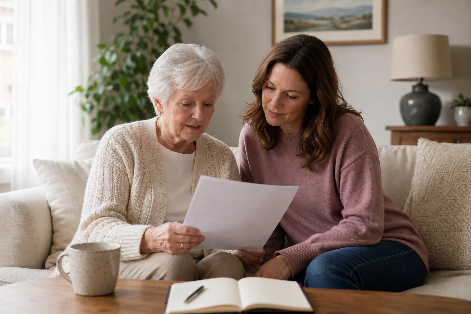 An older woman and her daughter reading a printed action plan together on the sofa at home