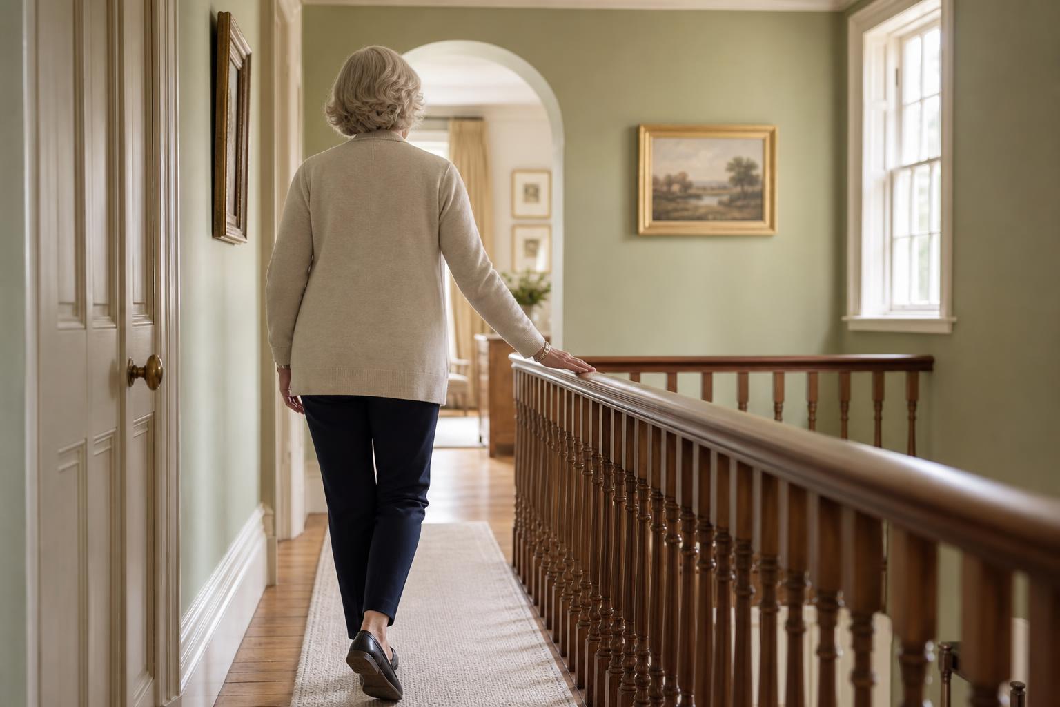 Older woman moving through her hallway, hand on a wall-mounted grab rail